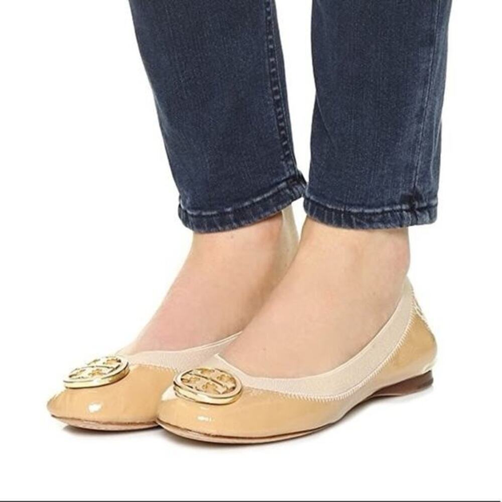 Tory Burch Tan Caroline Nude Ballet Leather Logo Flats Size 7.5